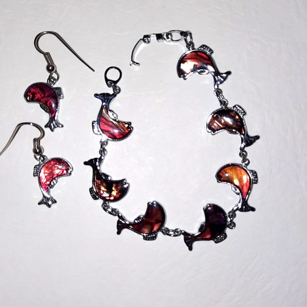 Silver tone fish earrings and bracelet set